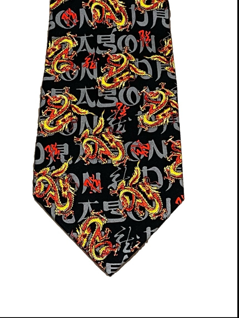 Asian Dragon Print Neck Tie 100% Silk Briefly Stated Made in Korea 80s